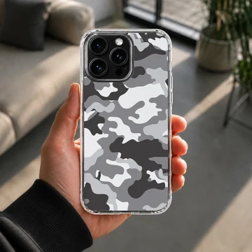 Monochrome camouflage pattern in black, gray, and white on a matte phone case — Lifestyle