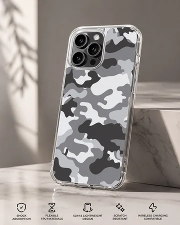 Monochrome camouflage pattern in black, gray, and white on a matte phone case — Specs