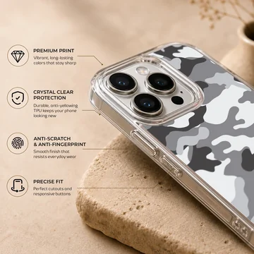 Monochrome camouflage pattern in black, gray, and white on a matte phone case — Info