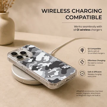 Monochrome camouflage pattern in black, gray, and white on a matte phone case — Charging