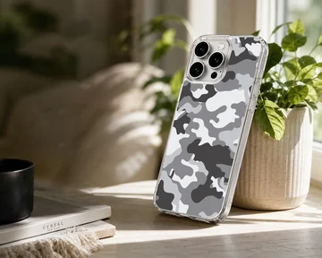Monochrome camouflage pattern in black, gray, and white on a matte phone case — Lifestyle