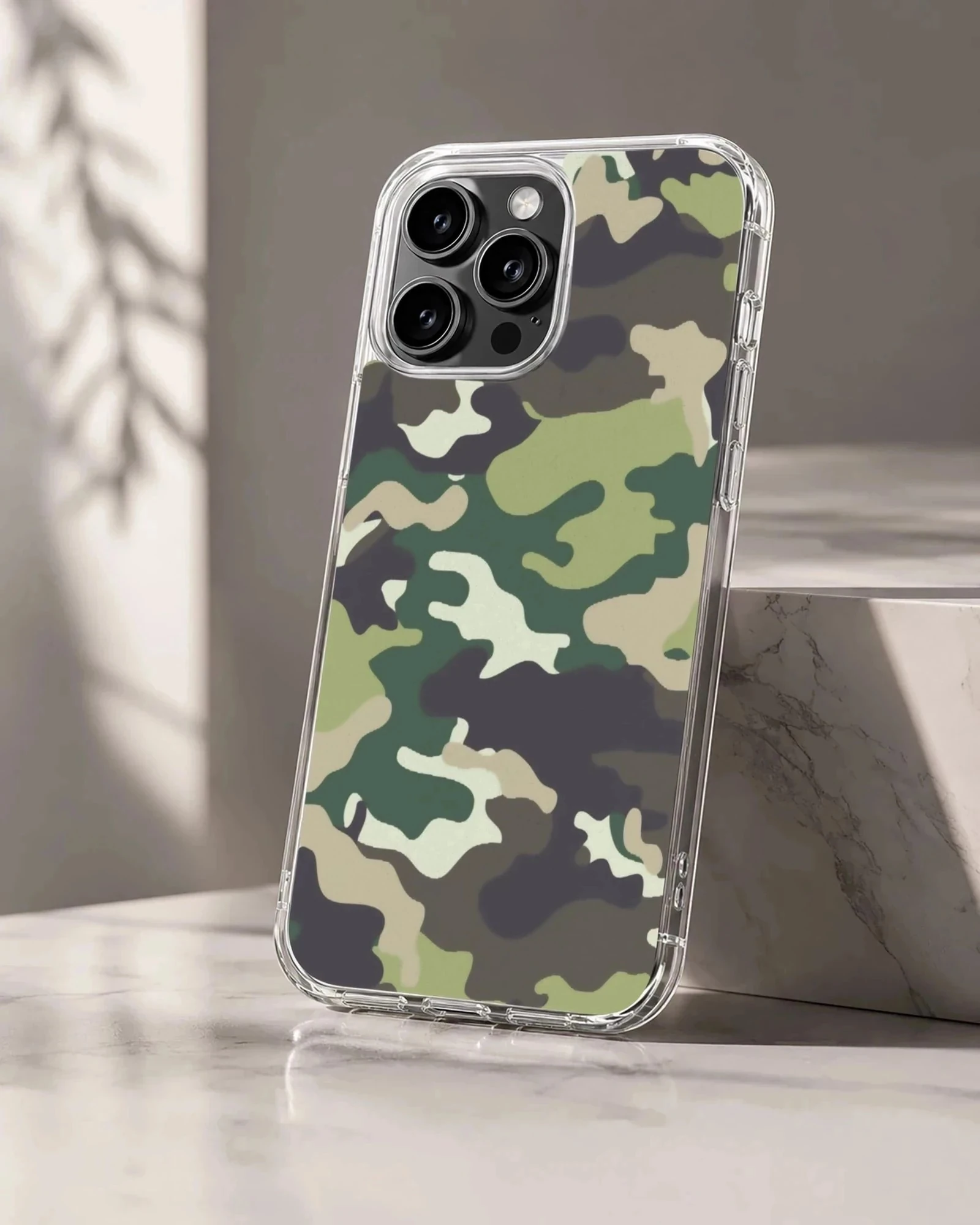 Classic camouflage pattern phone case with olive, dark charcoal, and sand tones on a matte snap case