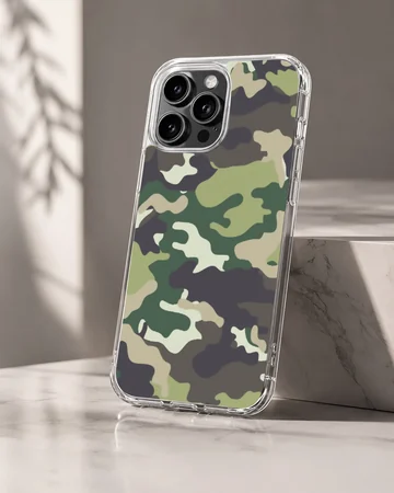 Classic camouflage pattern phone case with olive, dark charcoal, and sand tones on a matte snap case — Hero