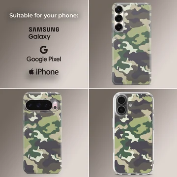 Classic camouflage pattern phone case with olive, dark charcoal, and sand tones on a matte snap case — Collage