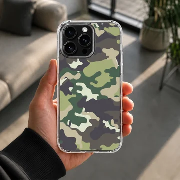 Classic camouflage pattern phone case with olive, dark charcoal, and sand tones on a matte snap case — Lifestyle