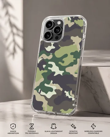 Classic camouflage pattern phone case with olive, dark charcoal, and sand tones on a matte snap case — Specs