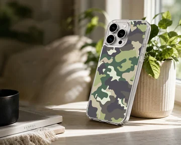 Classic camouflage pattern phone case with olive, dark charcoal, and sand tones on a matte snap case — Lifestyle