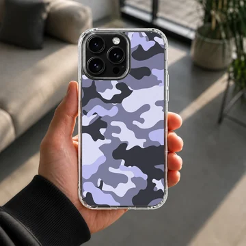 Urban purple and dark grey camouflage pattern printed on a matte snap phone case — Lifestyle