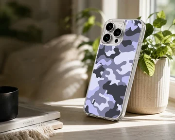 Urban purple and dark grey camouflage pattern printed on a matte snap phone case — Lifestyle