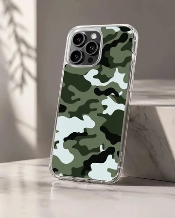 Green tactical camouflage pattern printed on a slim matte phone case