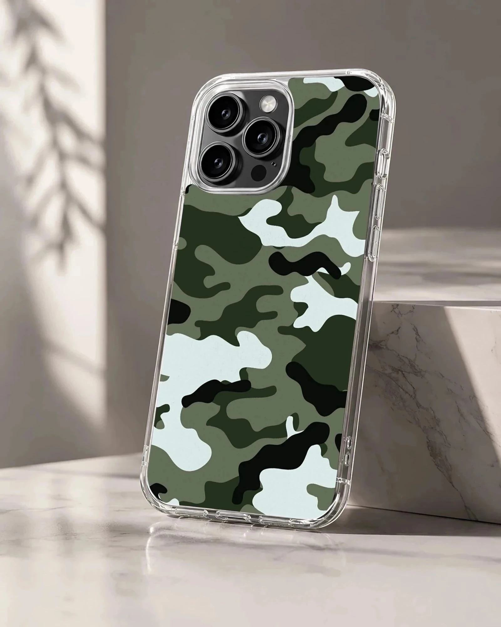 Green tactical camouflage pattern printed on a slim matte phone case
