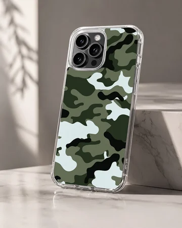 Green tactical camouflage pattern printed on a slim matte phone case — Hero