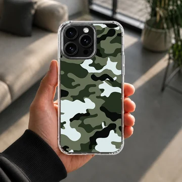 Green tactical camouflage pattern printed on a slim matte phone case — Lifestyle
