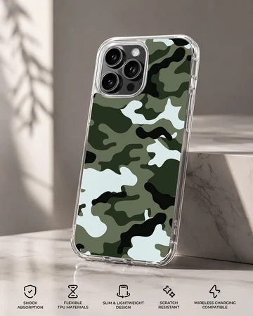 Green tactical camouflage pattern printed on a slim matte phone case — Specs