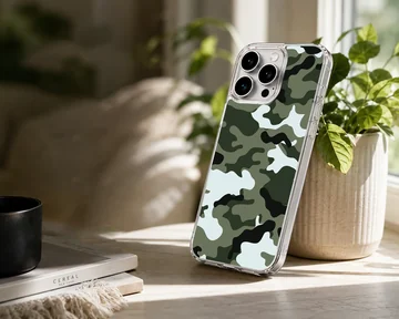 Green tactical camouflage pattern printed on a slim matte phone case — Lifestyle
