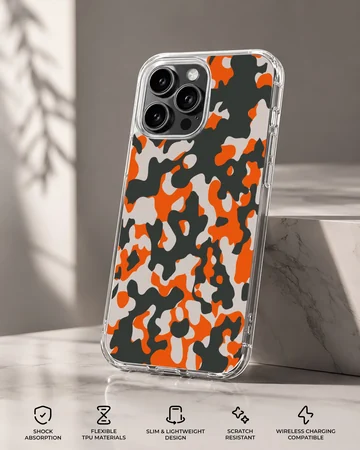 Orange camouflage pattern art on a phone case — Specs