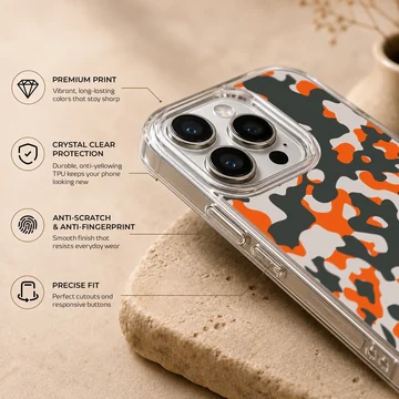 Orange camouflage pattern art on a phone case — Info