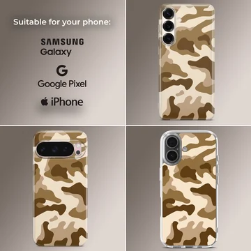 A soft TPU snap phone case printed with a brown and tan camouflage pattern — Collage