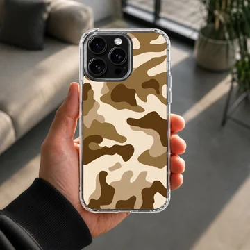 A soft TPU snap phone case printed with a brown and tan camouflage pattern — Lifestyle