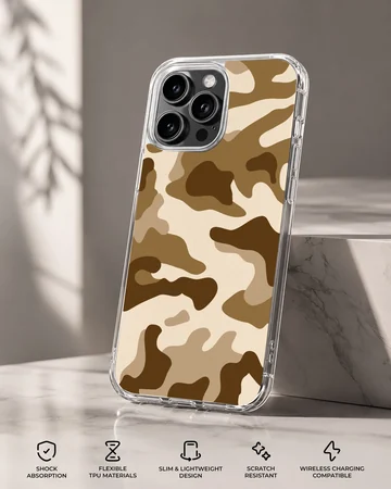 A soft TPU snap phone case printed with a brown and tan camouflage pattern — Specs