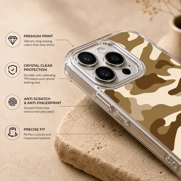A soft TPU snap phone case printed with a brown and tan camouflage pattern — Info