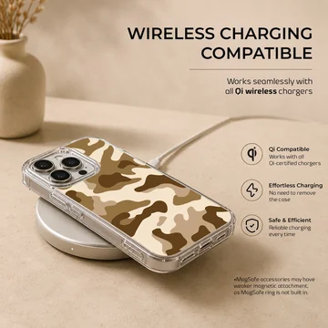 A soft TPU snap phone case printed with a brown and tan camouflage pattern — Charging