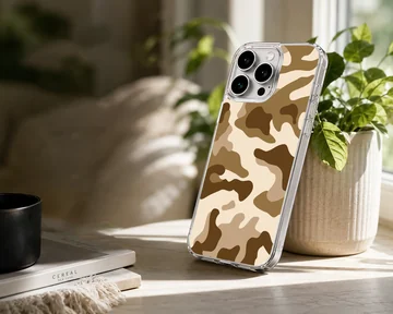 A soft TPU snap phone case printed with a brown and tan camouflage pattern — Lifestyle