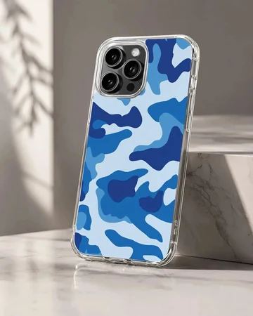 Blue camouflage pattern print on a soft TPU snap phone case