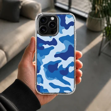 Blue camouflage pattern print on a soft TPU snap phone case — Lifestyle