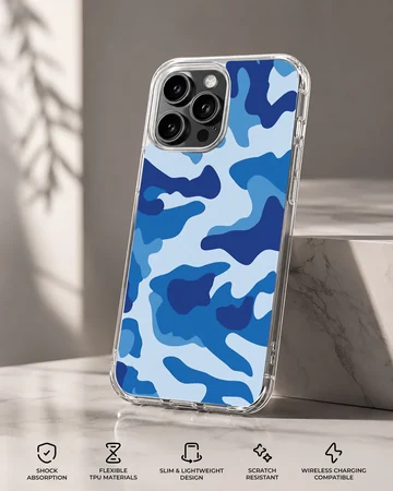 Blue camouflage pattern print on a soft TPU snap phone case — Specs