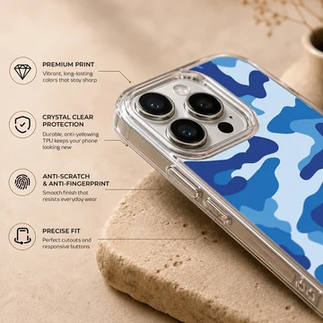 Blue camouflage pattern print on a soft TPU snap phone case — Info