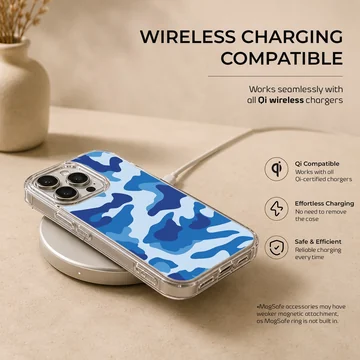 Blue camouflage pattern print on a soft TPU snap phone case — Charging
