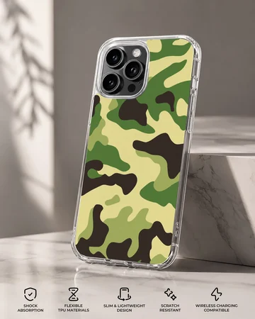 Green and black military camouflage pattern phone case — Specs