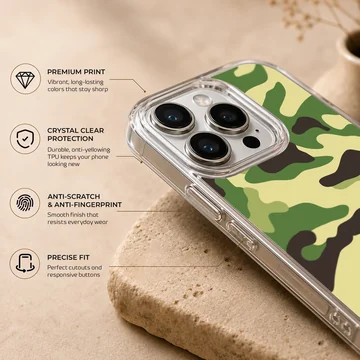 Green and black military camouflage pattern phone case — Info