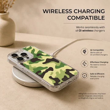 Green and black military camouflage pattern phone case — Charging