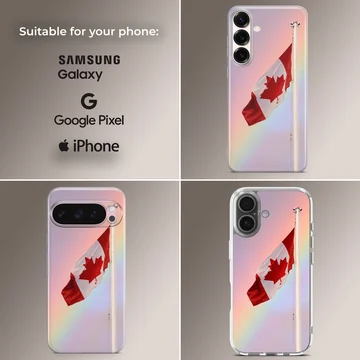 A Canadian flag waving against a soft pastel gradient sky on a phone case — Collage