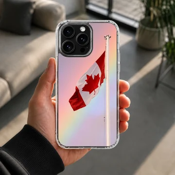 A Canadian flag waving against a soft pastel gradient sky on a phone case — Lifestyle