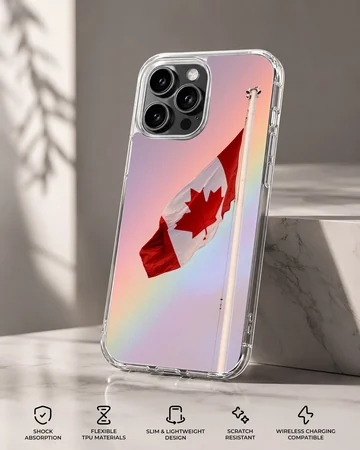 A Canadian flag waving against a soft pastel gradient sky on a phone case — Specs