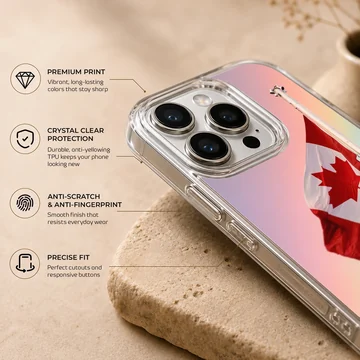 A Canadian flag waving against a soft pastel gradient sky on a phone case — Info