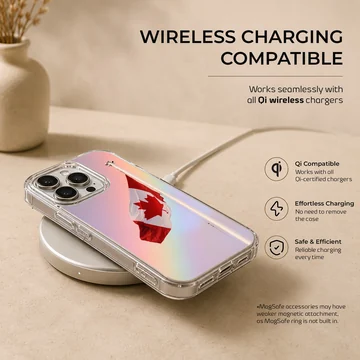 A Canadian flag waving against a soft pastel gradient sky on a phone case — Charging