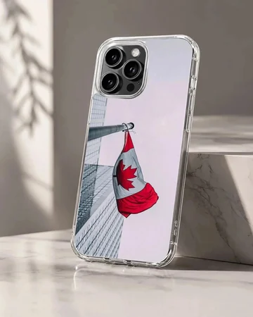 Canadian flag waving on a pole against an urban building backdrop on a phone case