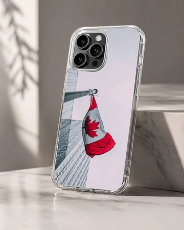 Canadian flag waving on a pole against an urban building backdrop on a phone case — Hero