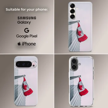 Canadian flag waving on a pole against an urban building backdrop on a phone case — Collage