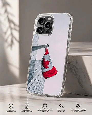 Canadian flag waving on a pole against an urban building backdrop on a phone case — Specs