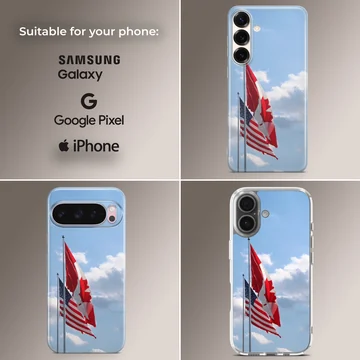 Canadian and American flags waving against a bright blue sky on a phone case — Collage