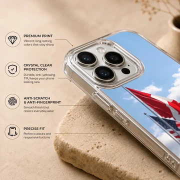 Canadian and American flags waving against a bright blue sky on a phone case — Info