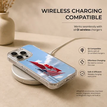 Canadian and American flags waving against a bright blue sky on a phone case — Charging