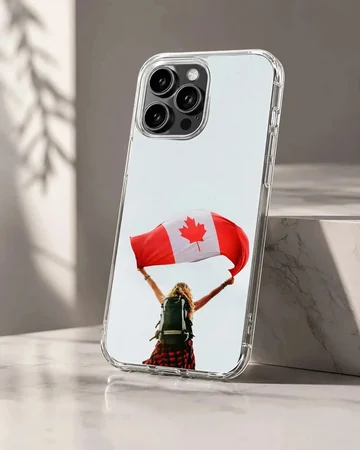 A hiker with a backpack holds up a waving Canadian flag against a pale sky on a phone case