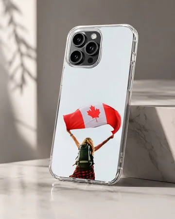A hiker with a backpack holds up a waving Canadian flag against a pale sky on a phone case — Hero