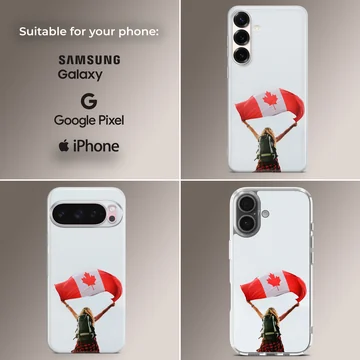 A hiker with a backpack holds up a waving Canadian flag against a pale sky on a phone case — Collage